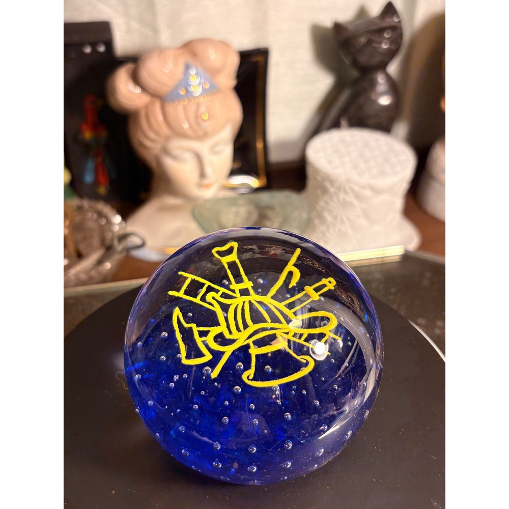 Millville Art Glass Firefighter Paperweight Cobalt Blue Controlled Bubble Yellow